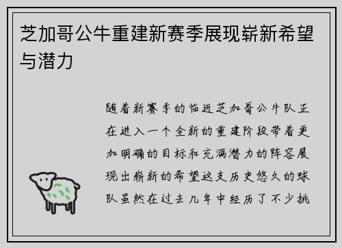 芝加哥公牛重建新赛季展现崭新希望与潜力